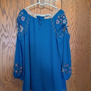 Umgee Blue Women's Blouse - V-Neck Tie Detail